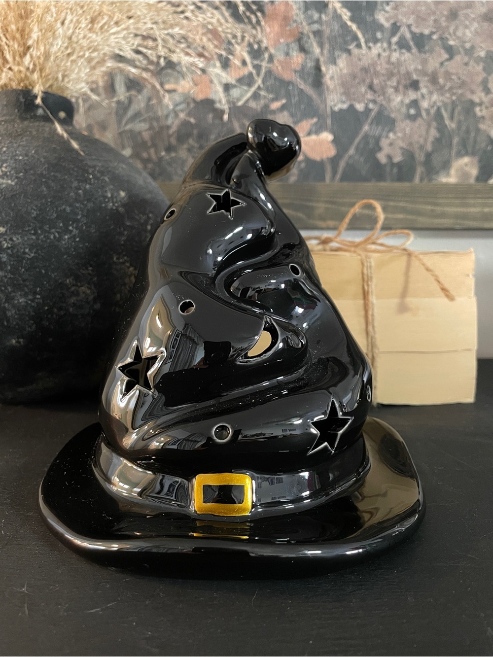 Black Ceramic Witch Hat Tea light with Gold Buckle Accent - Party Lights